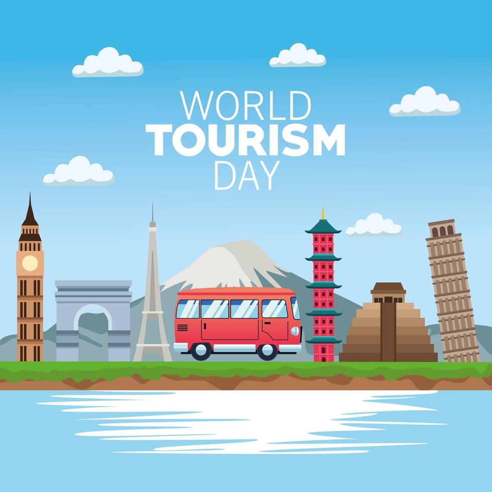 celebrazione dell'iscrizione della giornata mondiale del turismo con furgone e monumenti vettore