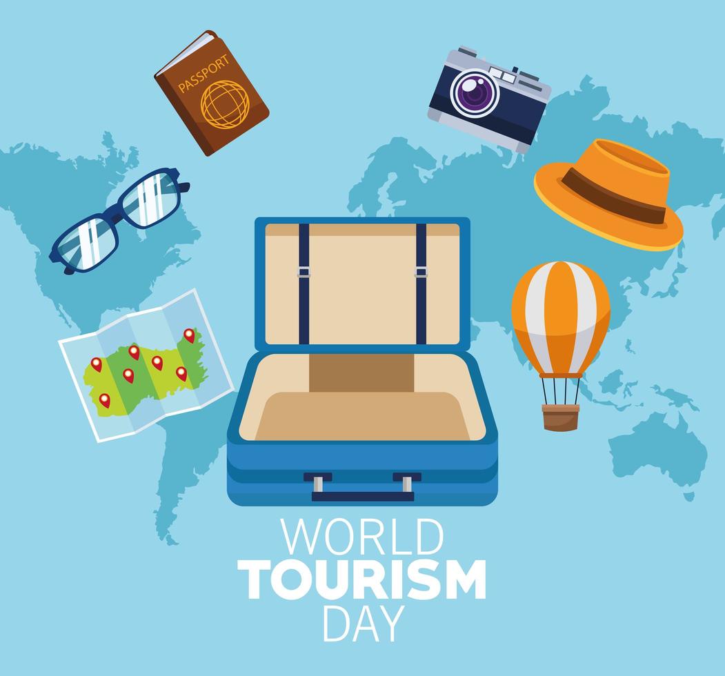 celebrazione dell'iscrizione della giornata mondiale del turismo con mappe terrestri e set di icone vettore