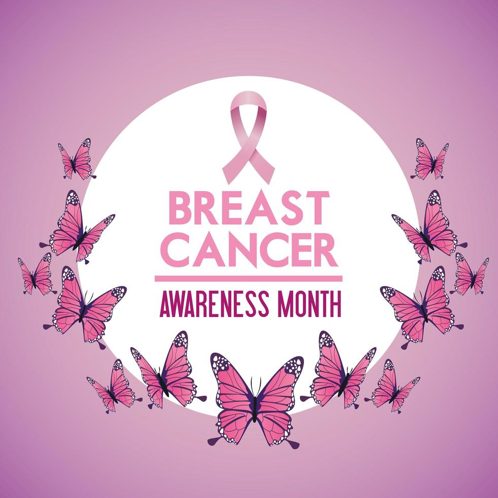 poster della campagna del mese di sensibilizzazione sul cancro al seno con farfalle e cornice circolare a nastro vettore