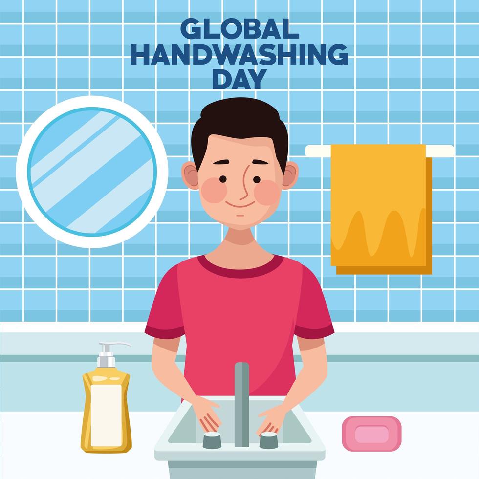 campagna globale del giorno del lavaggio delle mani con uomo che si lava le mani in bagno vettore