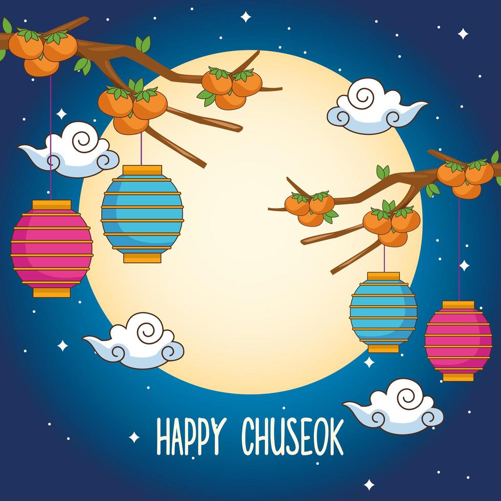 felice celebrazione di chuseok con lanterne appese all'albero di arance vettore