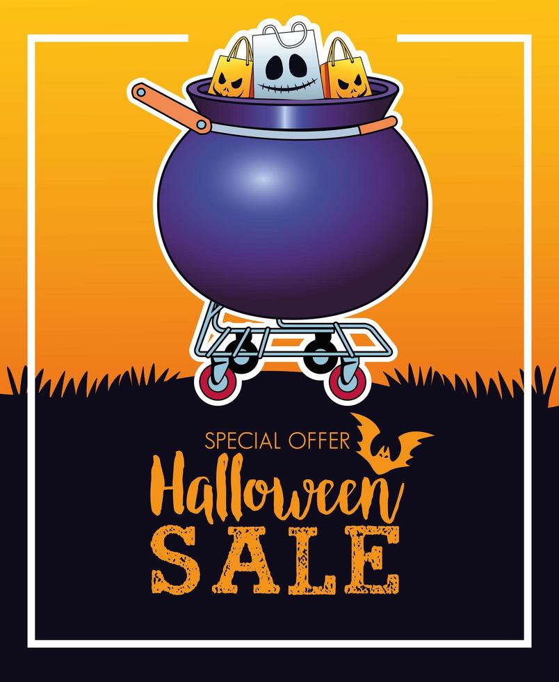 poster stagionale di vendita di halloween con borse della spesa nel carrello del calderone vettore
