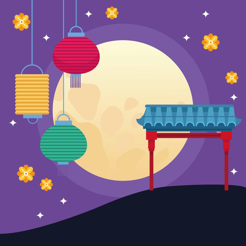 celebrazione del festival di metà autunno con luna piena e lanterne appese vettore