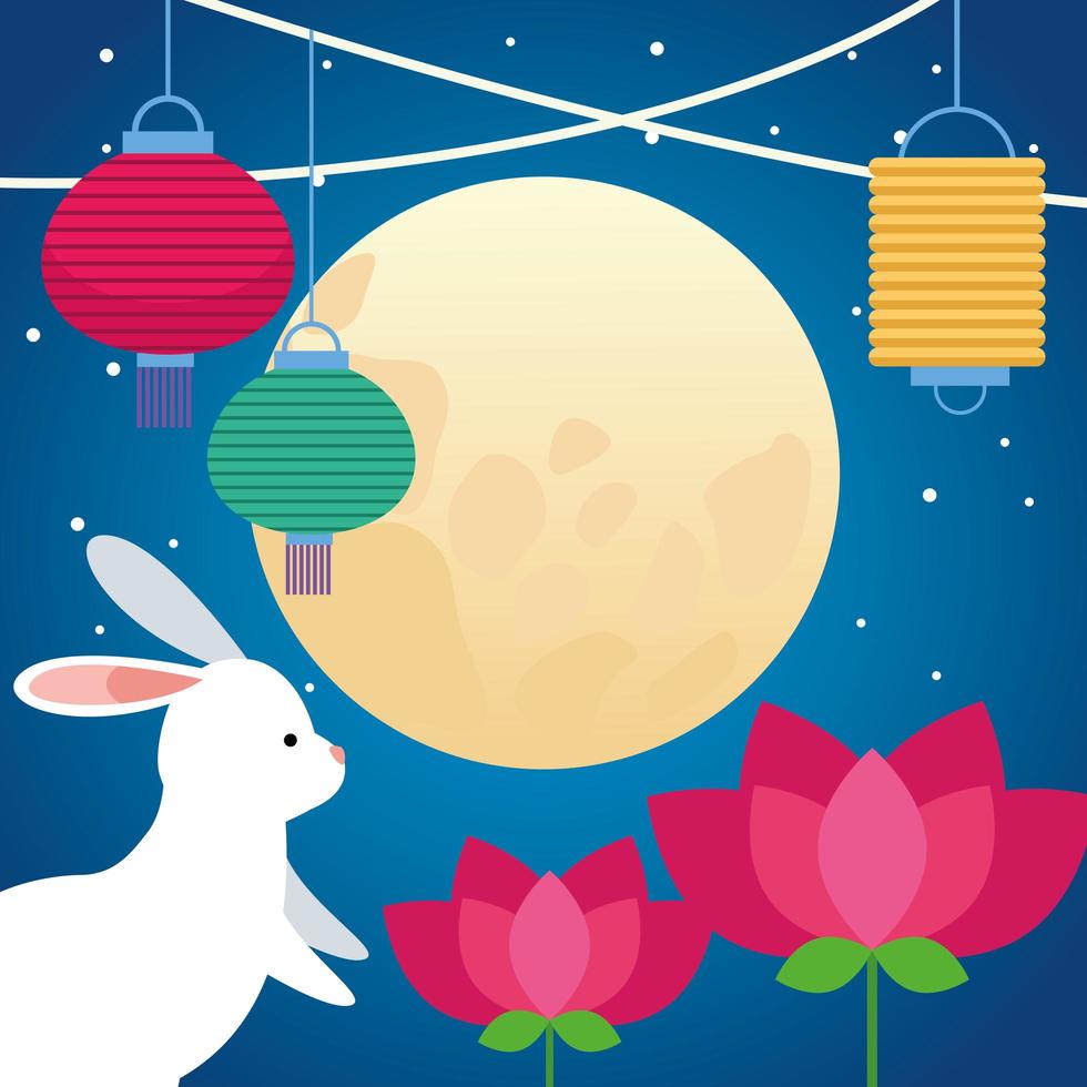celebrazione del festival di metà autunno con luna piena e coniglio in giardino vettore