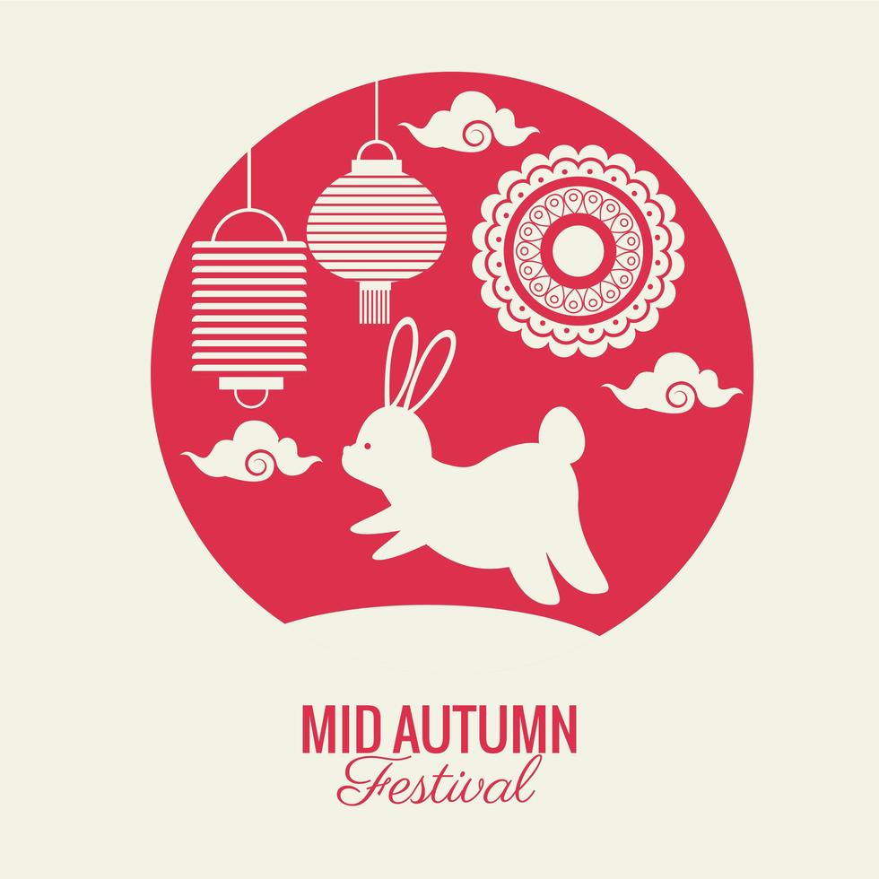 celebrazione del festival di metà autunno con coniglio e icone decorative vettore