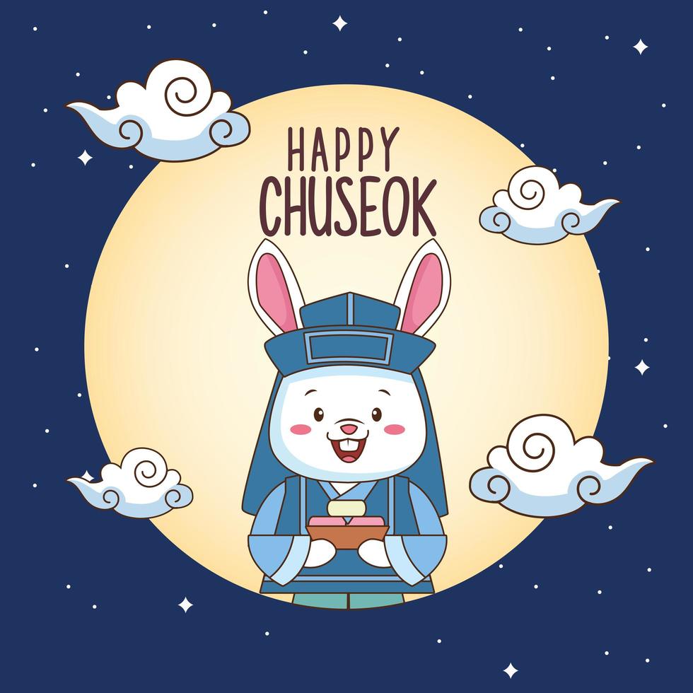 felice celebrazione chuseok con coniglio che solleva cibo dolce in luna piena vettore