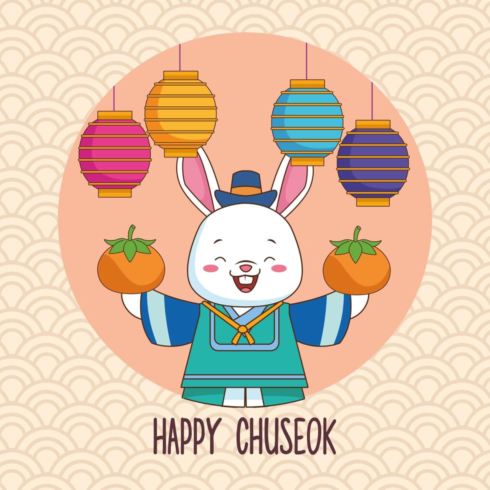 felice celebrazione chuseok con coniglio che solleva arance e lanterne vettore