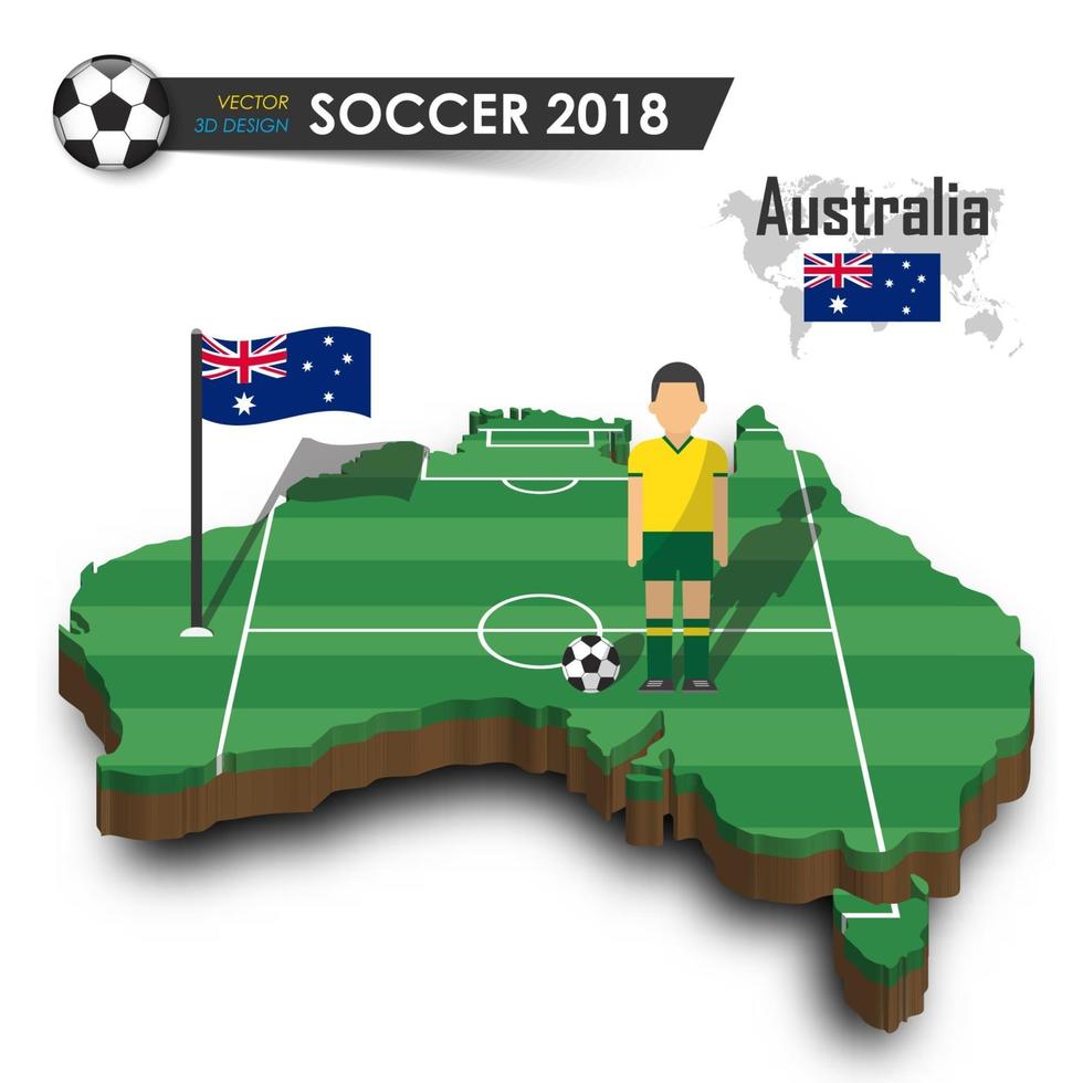 giocatore di football della squadra nazionale di calcio dell'australia e bandiera sulla mappa del paese di progettazione 3d isolato vettore di fondo per il torneo internazionale del campionato mondiale 2018