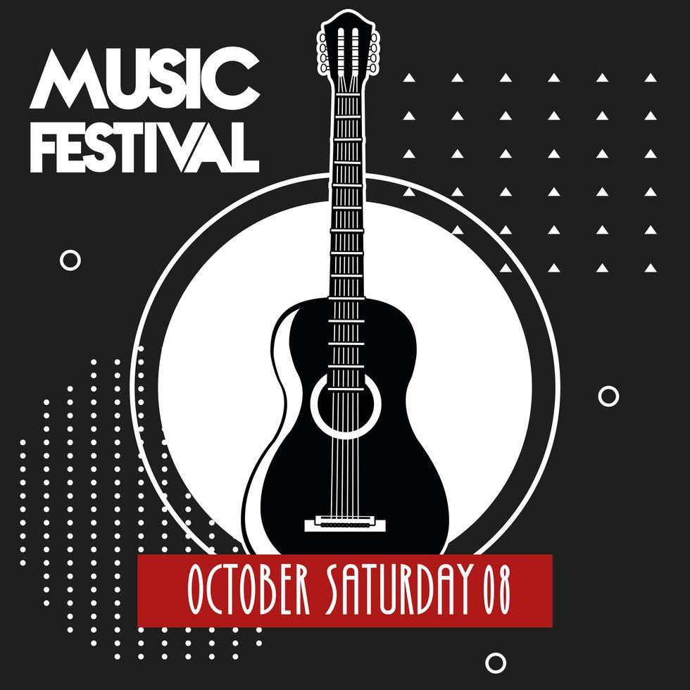 poster del festival musicale con strumento acustico per chitarra su sfondo nero vettore
