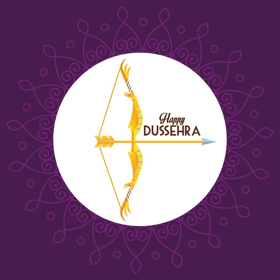 poster del festival di dussehra felice con arco e scritte su sfondo viola vettore