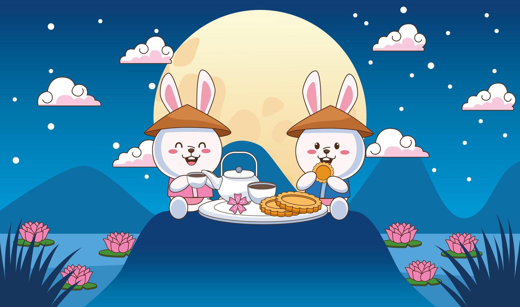 biglietto di festa di metà autunno con coppia di coniglietti che cenano nel lago vettore