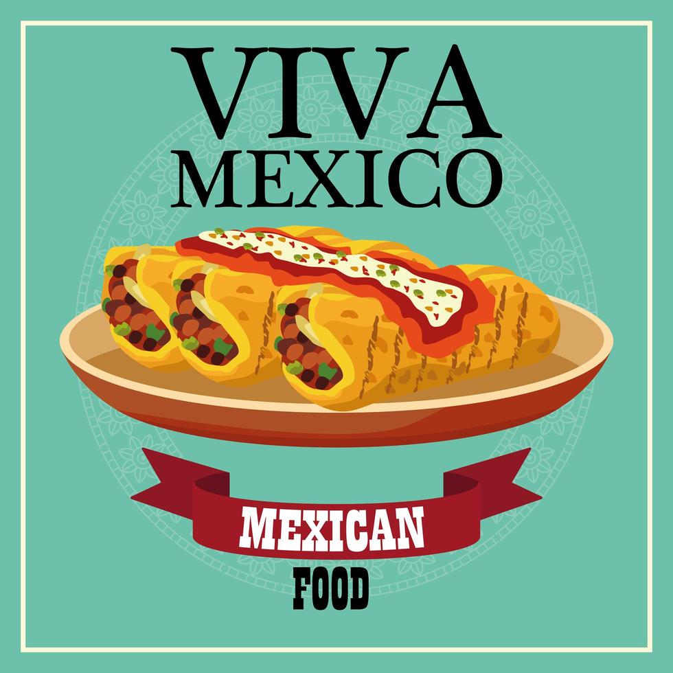viva messico scritte e cibo messicano poster con burritos in dish vettore