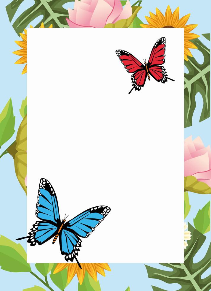sfondo floreale in cornice quadrata con scena di farfalle e fiori vettore