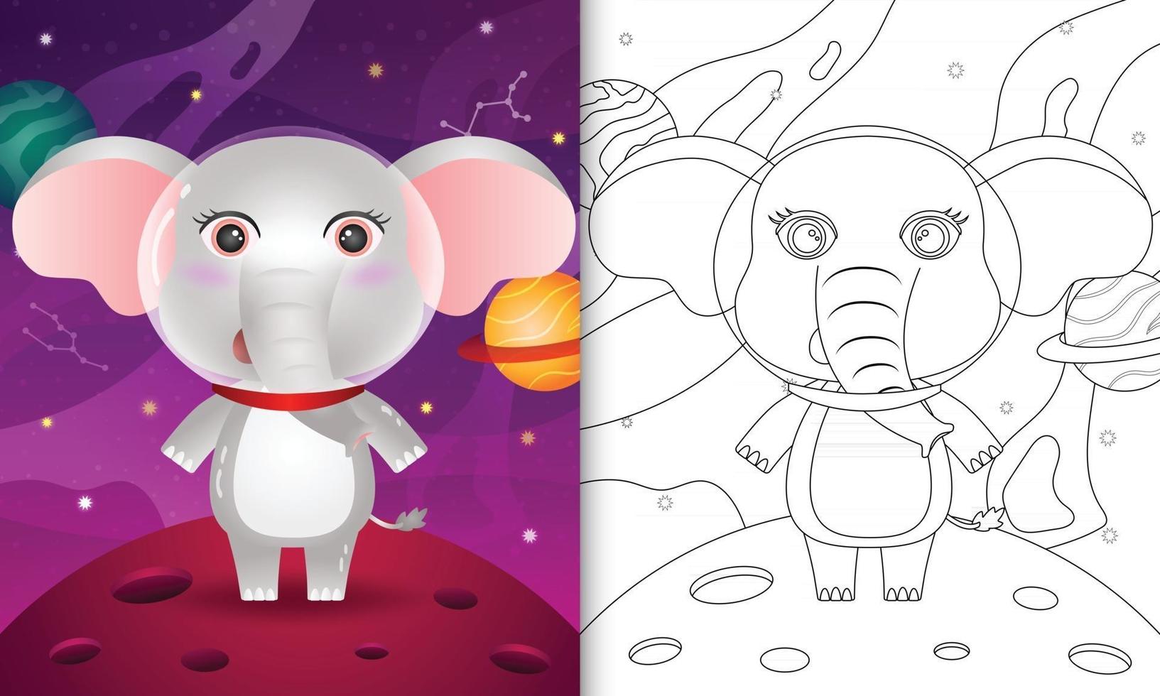 libro da colorare per bambini con un simpatico elefante nella galassia spaziale vettore