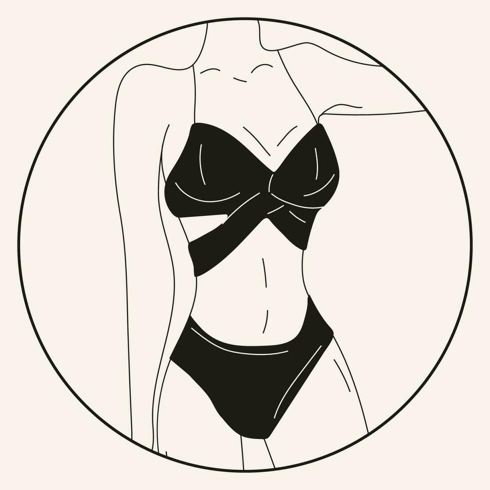 nero e bianca donna nel bikini . spiaggia biancheria intima. amore e accettare qualunque corpo genere. salutare corpo, corpo positivo, Grasso accettazione movimento, stile di vita e moda concetto. mano disegnato vettore illustrazione