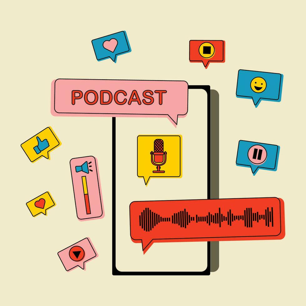 Telefono con Podcast su schermo e decorativo design elementi. comunicazione, sociale networking concetto vettore