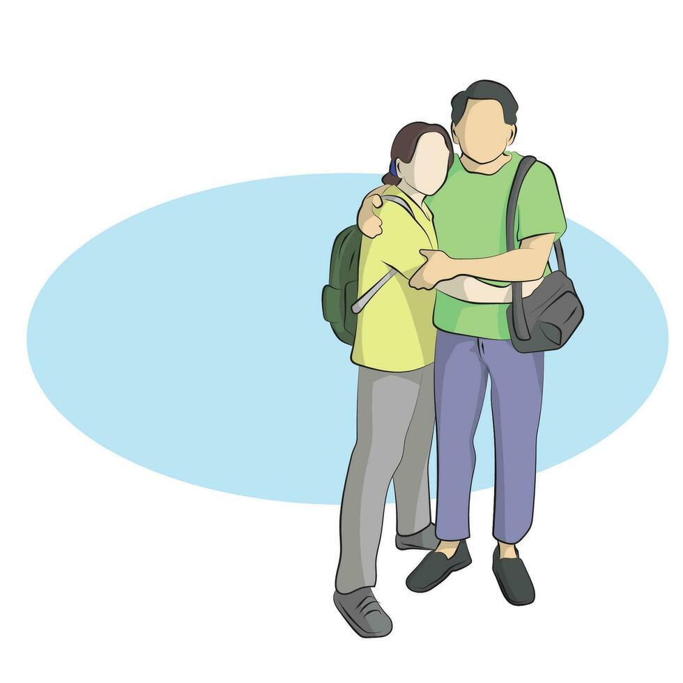linea arte amante coppia abbracciare con viaggio borse illustrazione vettore mano disegnato isolato su bianca sfondo