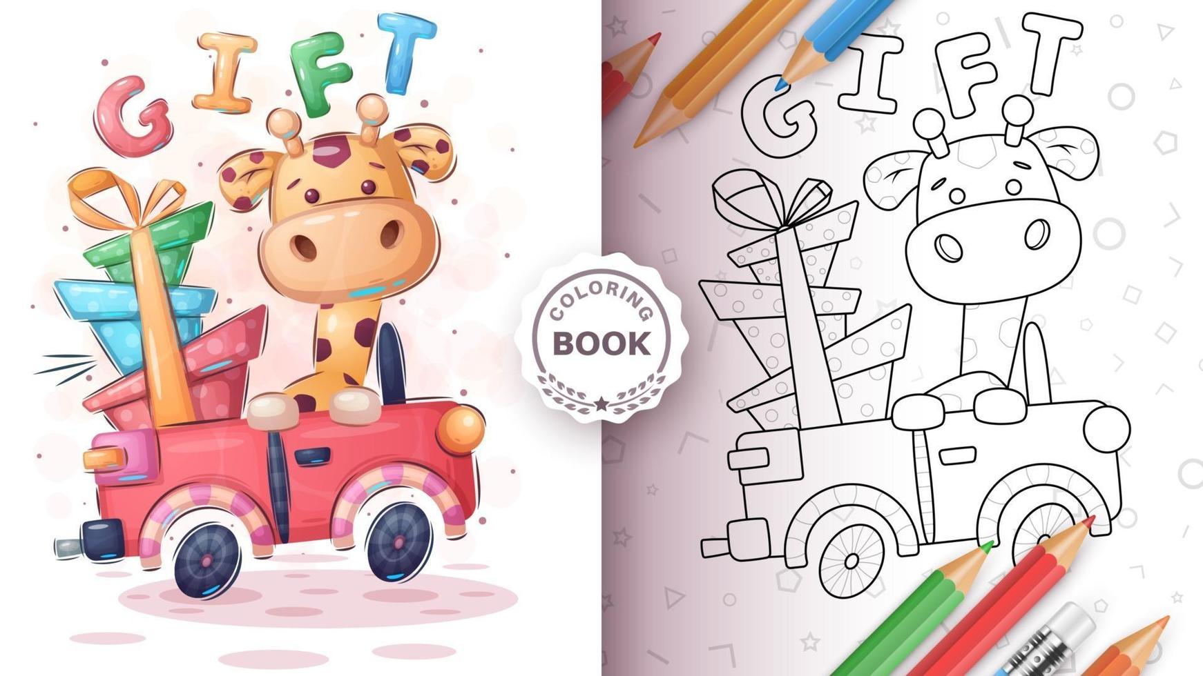 simpatica giraffa con libro da colorare regalo vettore