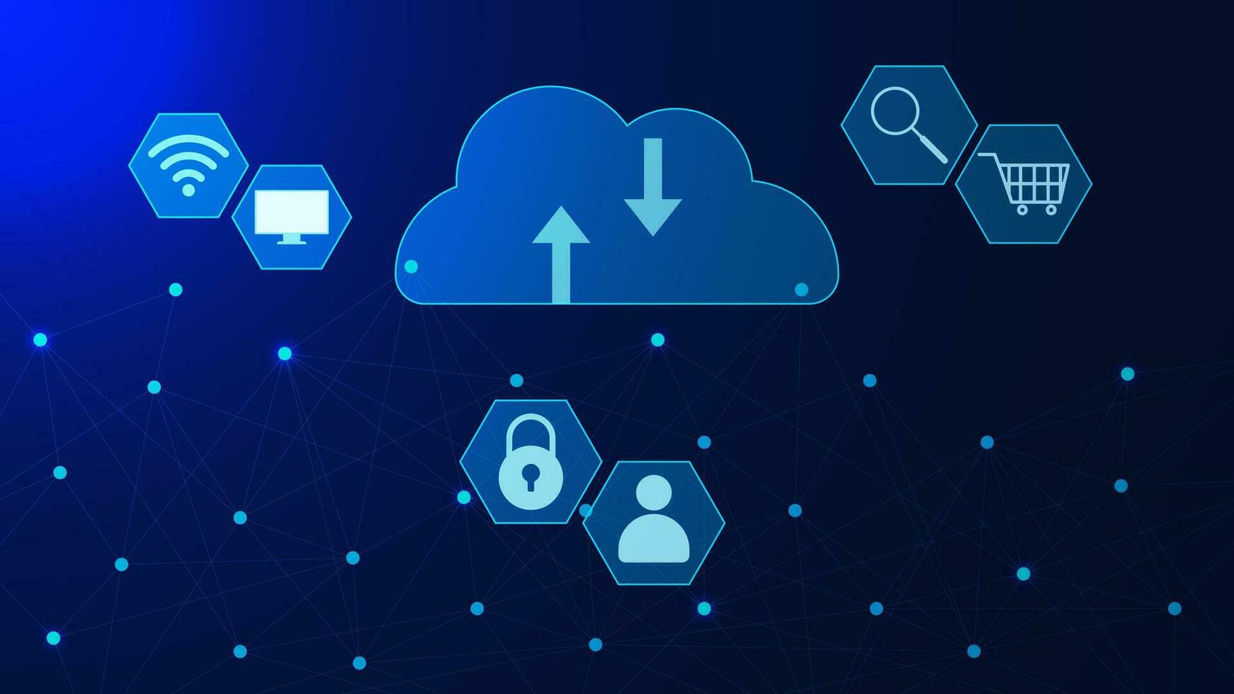 nube Conservazione. globale Internet connessione tecnologia con caricare e Scarica concetto. grande dati visualizzazione, nube calcolo e futuro infrastruttura sfondo. vettore illustrazione.