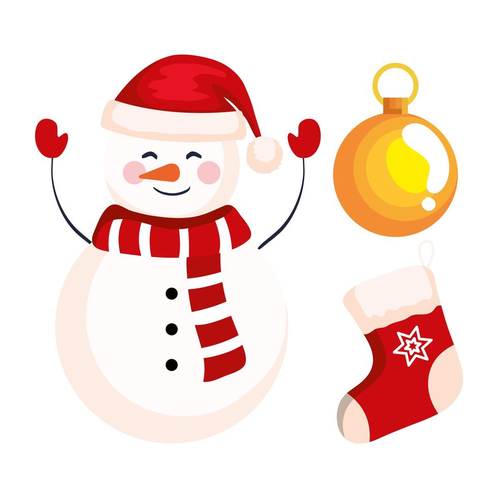 pupazzo di neve di natale con calzino e decorazione palla banner del nuovo anno e buon natale celebrazione vettore