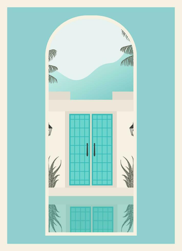 finestra Visualizza con ricorrere paesaggio, lusso villa minimalista architettura manifesto. vettore