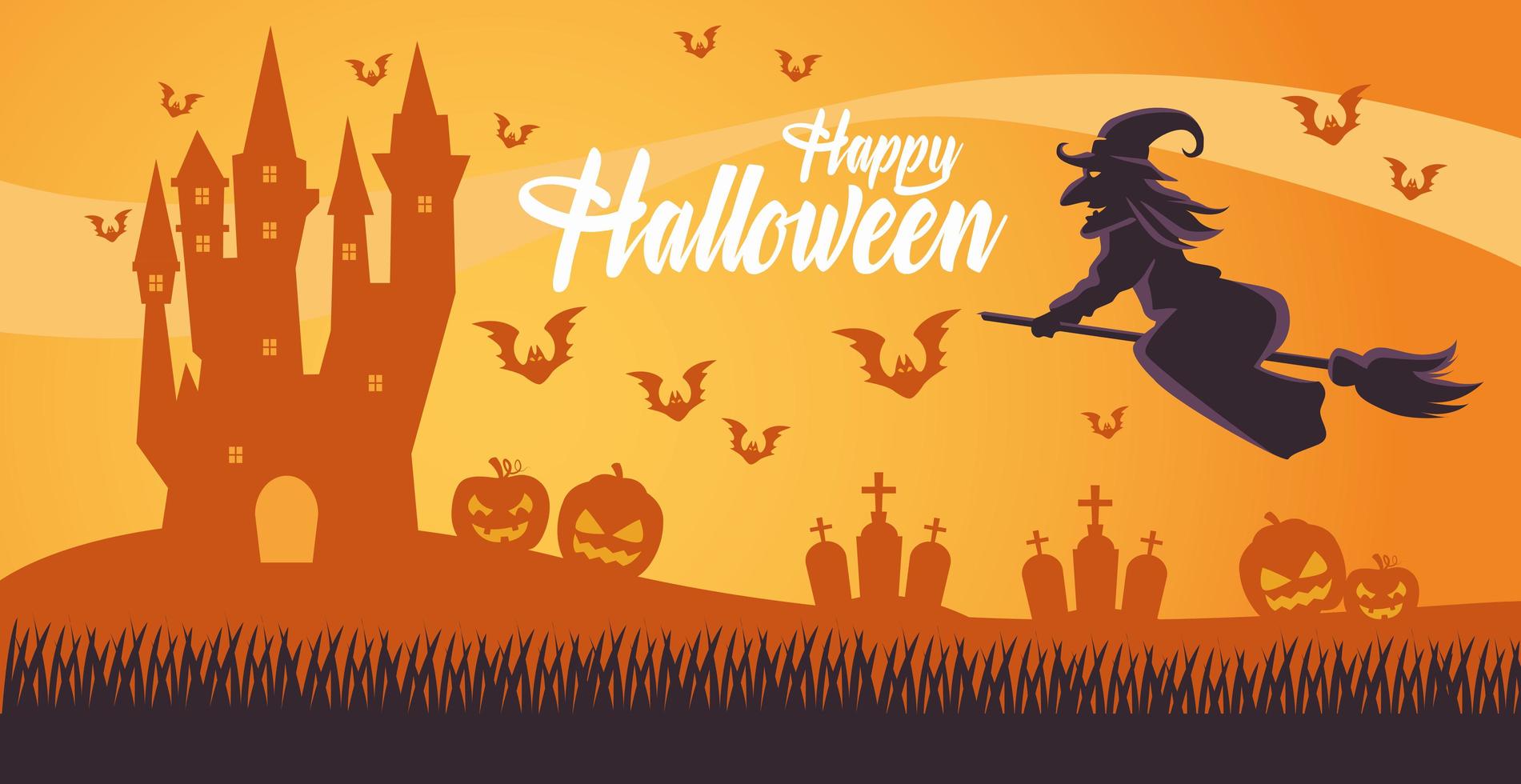 Happy Halloween card con strega che vola in scopa e cimitero vettore