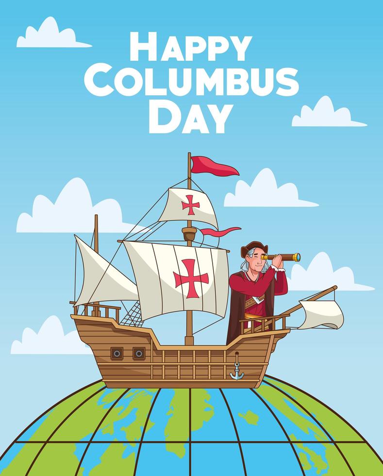 Columbus day celebrazione scena di Cristoforo utilizzando il telescopio sul pianeta vettore