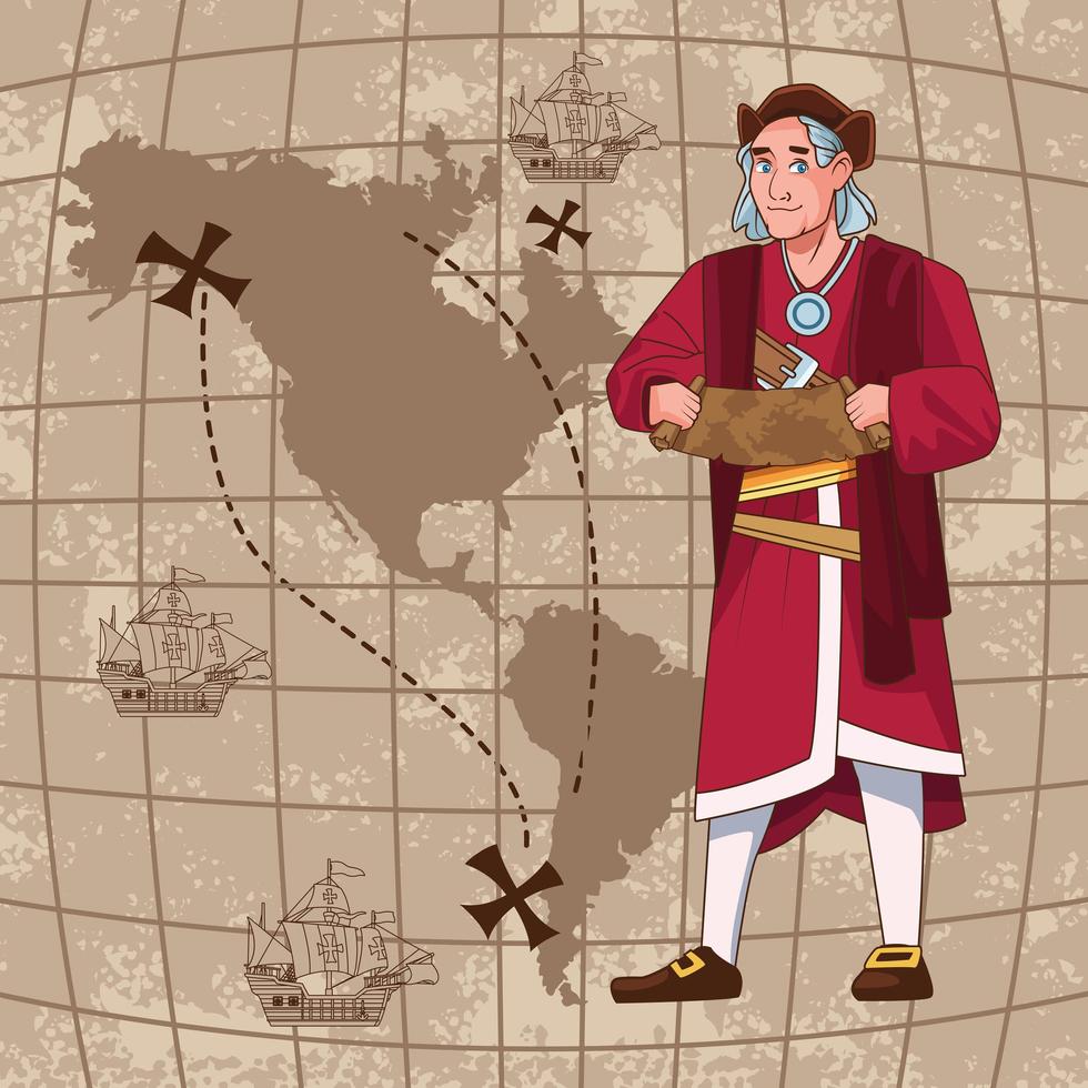 Columbus day celebrazione scena di Cristoforo sollevamento mappa carta guida vettore