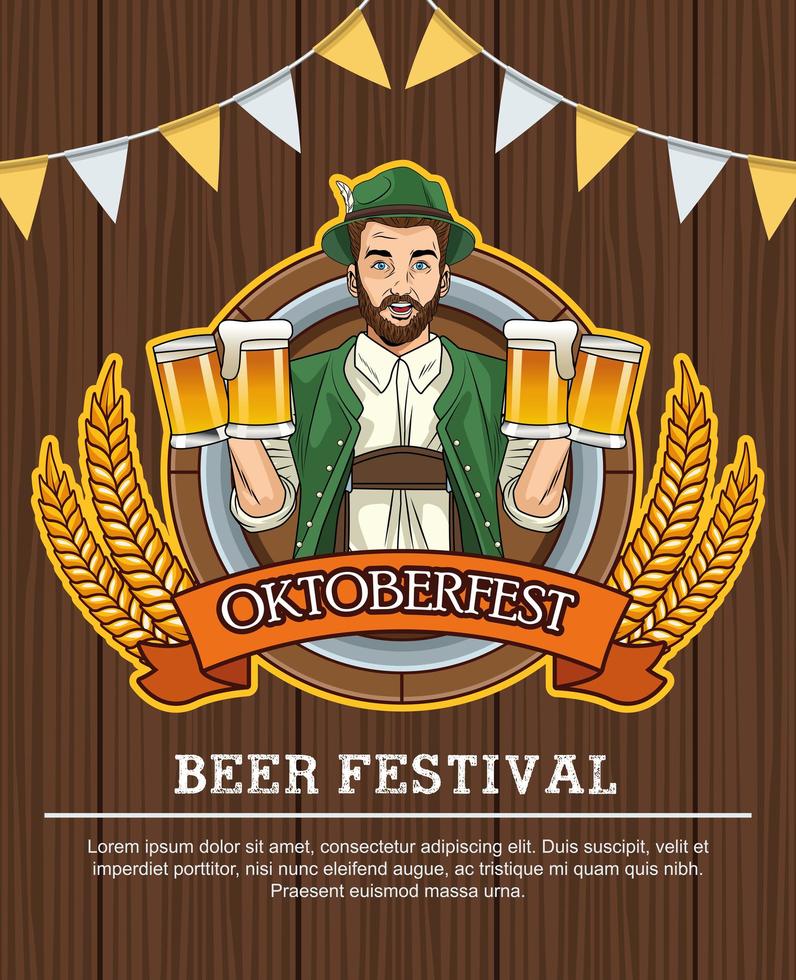 felice celebrazione dell'oktoberfest con uomo tedesco che beve birre in fondo in legno vettore