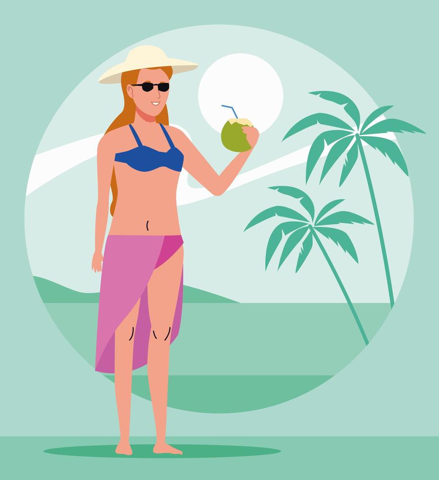 giovane donna che indossa il costume da bagno che beve cocktail di cocco coconut vettore