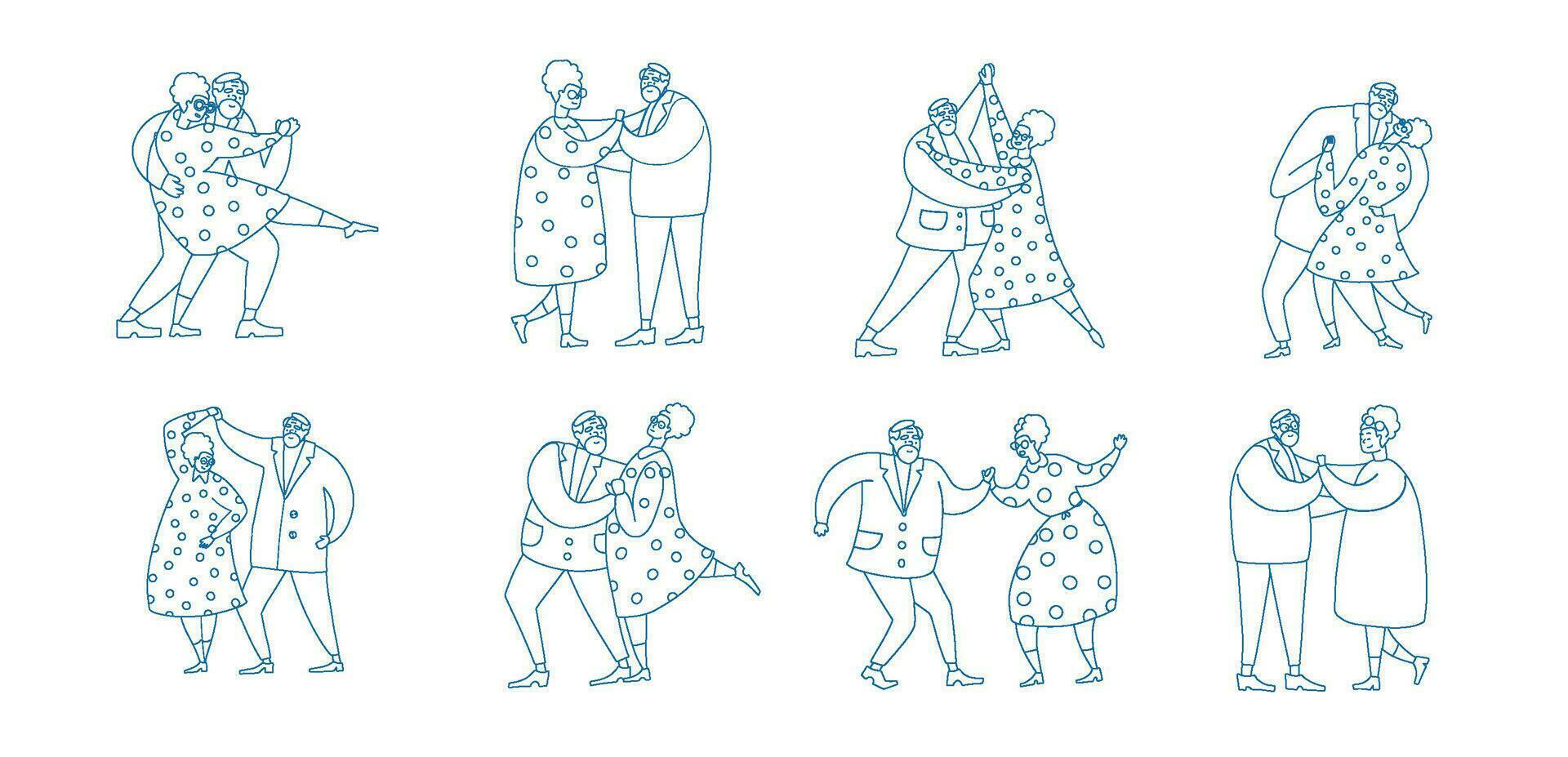impostato di contorno anziano coppia personaggi danza valzer o tango. anziano persone attivo stile di vita, vecchio elegante uomo e donna nel amore o amico relazioni trascorrere volta. lineare vettore illustrazione