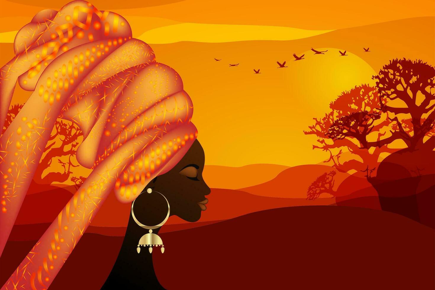 ritratto bellissimo africano donna nel tradizionale turbante tribale motivi, kente testa avvolgere, africano tradizionale nero donne vettore silhouette isolato su Africa safari paesaggio sfondo