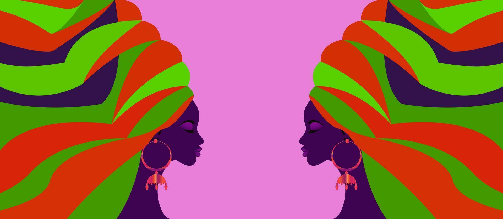 bellissimo colorato bandiera di africano donne nel tradizionale turbante, africano testa avvolgere, tradizionale nero donna vettore silhouette moda acconciatura e bellezza concetto moda sfondo