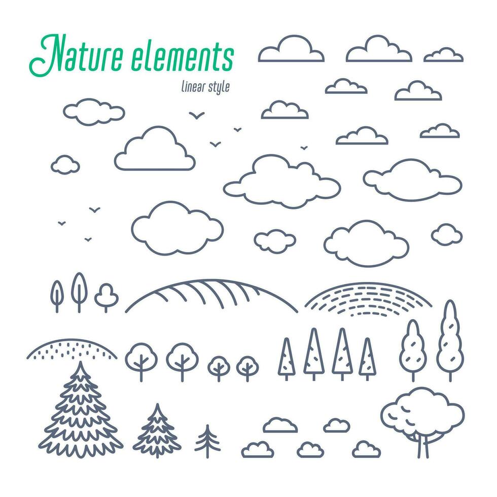 rurale paesaggio linea elementi. vettore linea illustrazione di il campagna icone piace alberi, nuvole, e colline. schema stile vettore illustrazione su bianca sfondo.