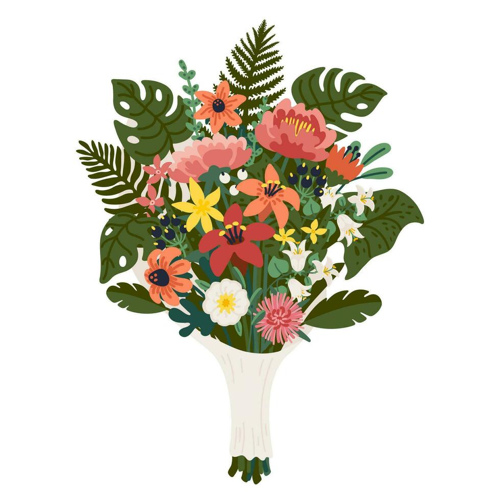 fiore mazzo, mazzo di rosa e giallo fiori e verde rami. vettore illustrazione nel piatto cartone animato stile su bianca sfondo.