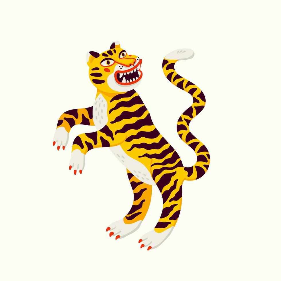 tigre vettore illustrazione, cartone animato giallo tigre dilagante su bianca sfondo. biologico piatto stile vettore illustrazione