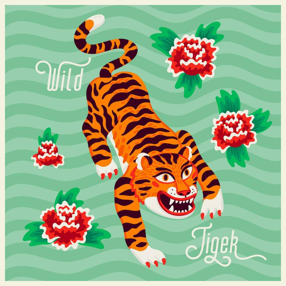 tigre vettore illustrazione, cartone animato tigre Sneaking su verde ondulato sfondo con fiori nel asiatico stile. biologico piatto stile vettore illustrazione.