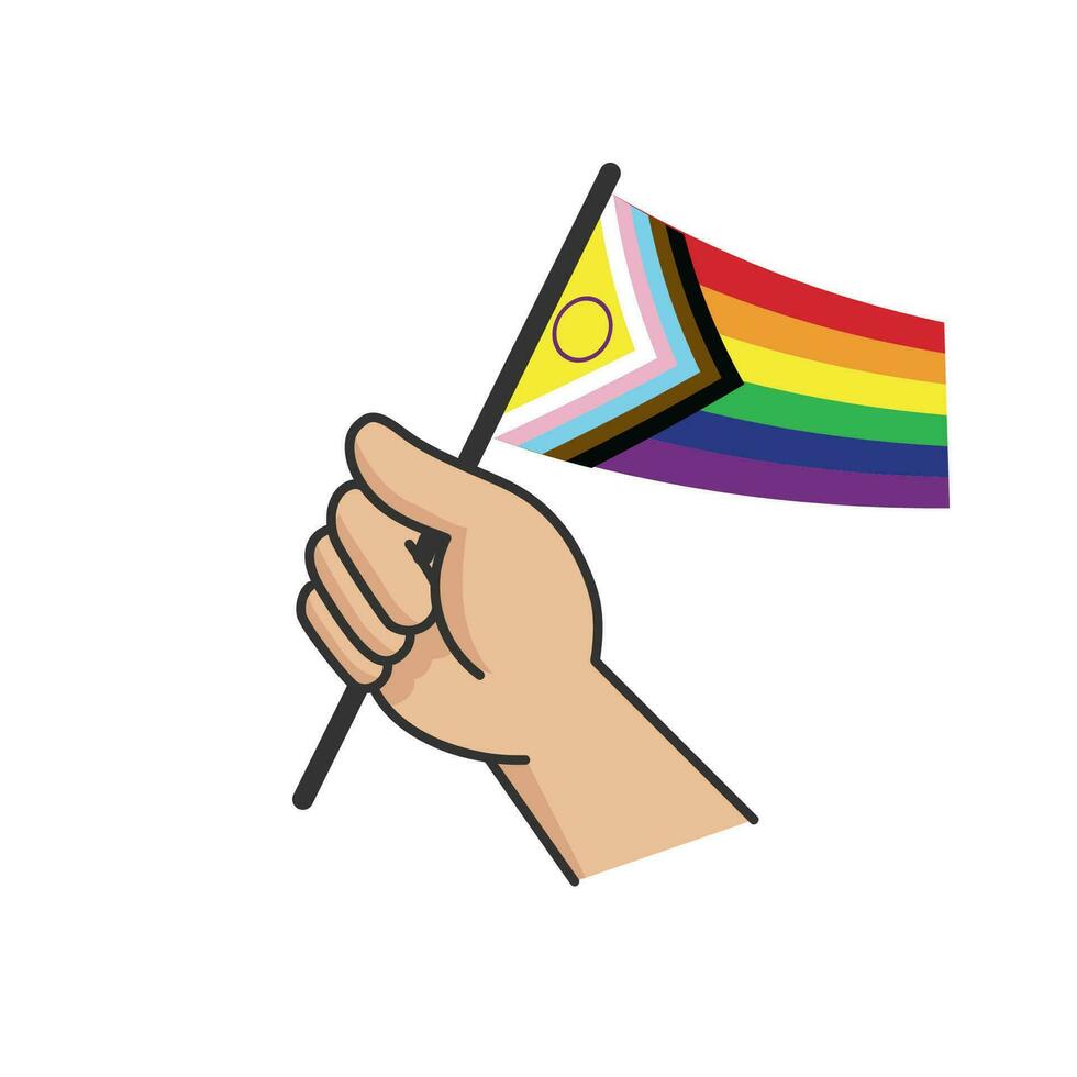 mano Tenere lgbt arcobaleno bandiera. cartone animato braccio scarabocchio Tenere orgoglio simbolo. Genere diversità rappresentazione. vettore