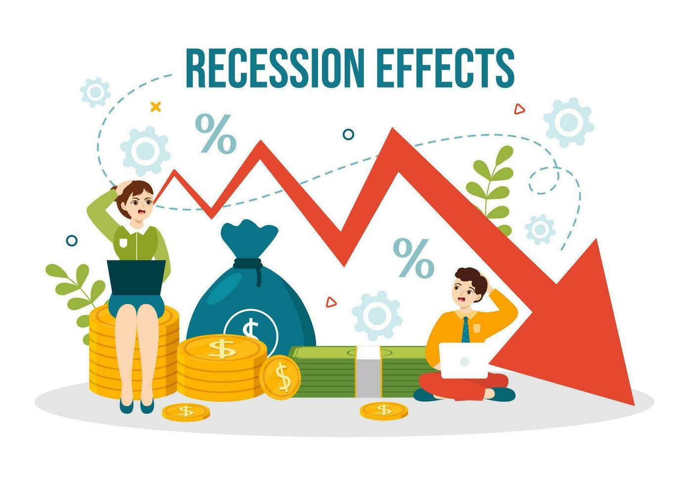 recessione effetti vettore illustrazione con urto su economico crescita e economico attività declino risultato nel piatto cartone animato mano disegnato modelli