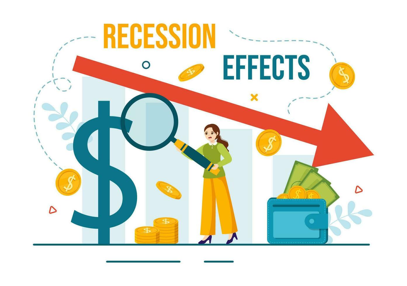 recessione effetti vettore illustrazione con urto su economico crescita e economico attività declino risultato nel piatto cartone animato mano disegnato modelli