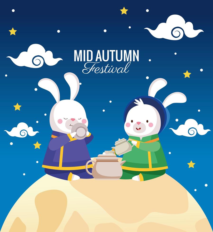 biglietto di celebrazione di metà autunno con coppia di conigli in scena di luna piena vettore