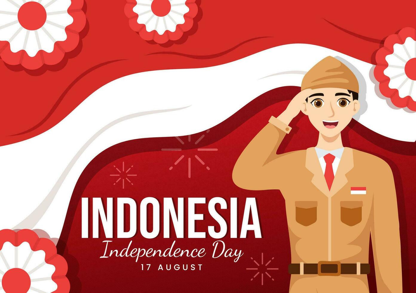 Indonesia indipendenza giorno vettore illustrazione su 17 agosto con indonesiano bandiera raccolta il rosso e bianca nel piatto cartone animato mano disegnato modelli