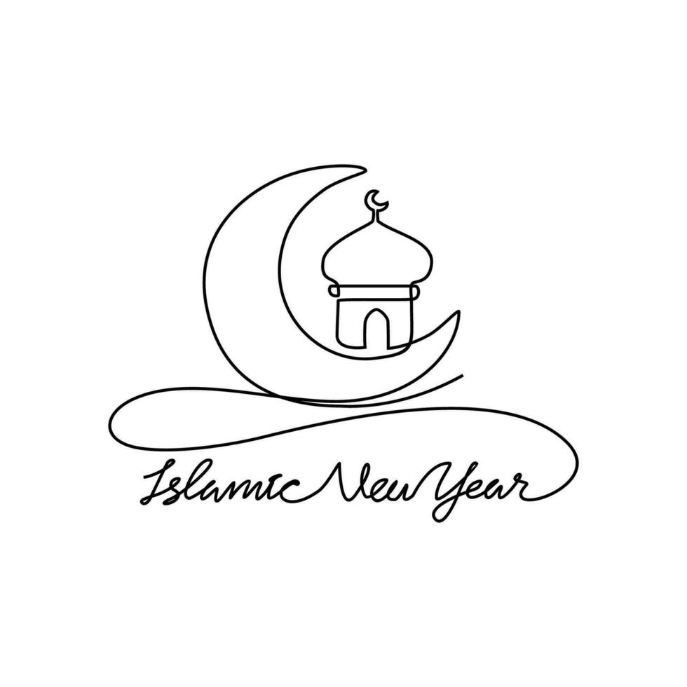 uno continuo linea disegno di islamico nuovo anno. islamico vacanza quello cascate su il 1 ° giorno di Muharram di il lunare islamico calendario nel semplice lineare stile. islamico design concetto vettore illustrazione.
