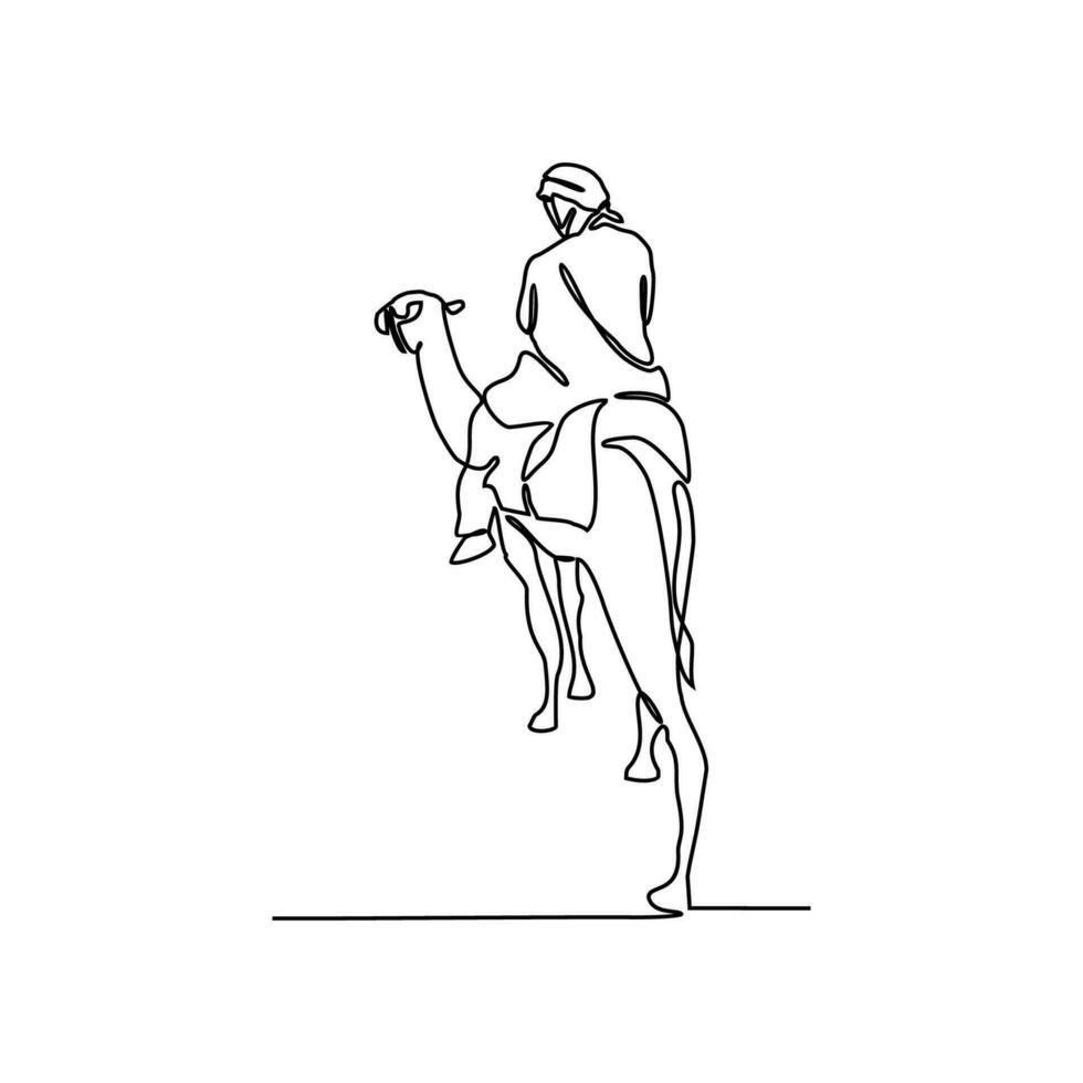 uno continuo linea disegno di persone siamo equitazione cammelli nel il deserto come simbolo per egira. islamico nuovo anno vacanza concetto nel semplice lineare stile. islamico nuovo anno design concetto vettore illustrazione