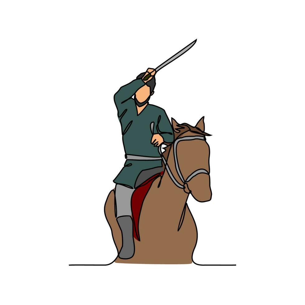 uno continuo linea disegno di illustrazione di un' soldato equitazione un' cavallo durante guerra. soldato equitazione un' cavallo concetto nel semplice lineare stile continuo linea. soldato concetto vettore illustrazione.
