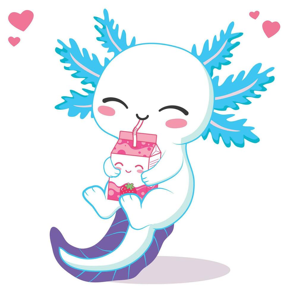 kawaii Axolotl potabile fragola latte tè cartone animato vettore illustrazione