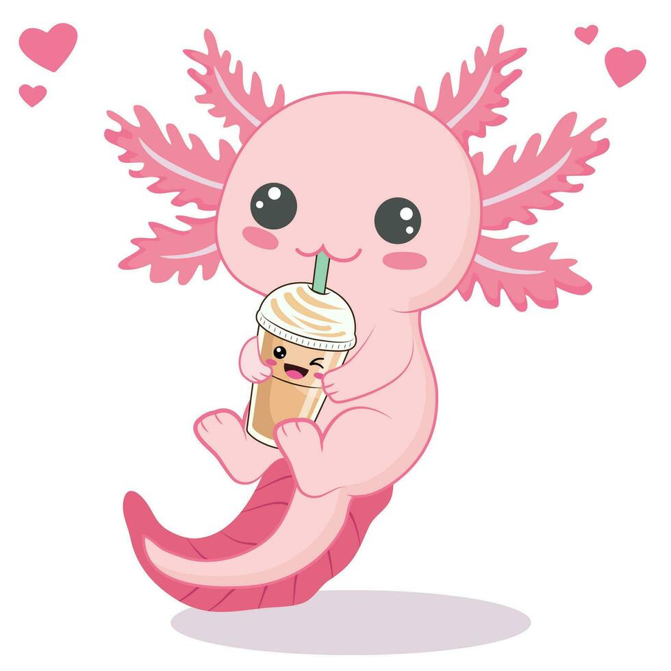 kawaii Axolotl potabile boba latte tè cartone animato vettore illustrazione