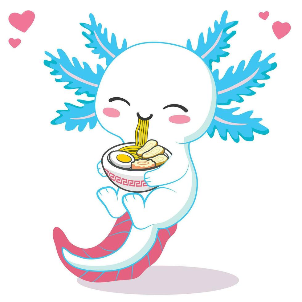 kawaii Axolotl mangiare ramen spaghetto cartone animato vettore illustrazione