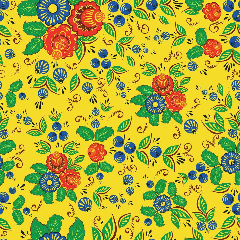 senza soluzione di continuità sfondo popolare art.rosso e blu fiori con verde foglie.giallo sfondo.vettore illustrazione. vettore