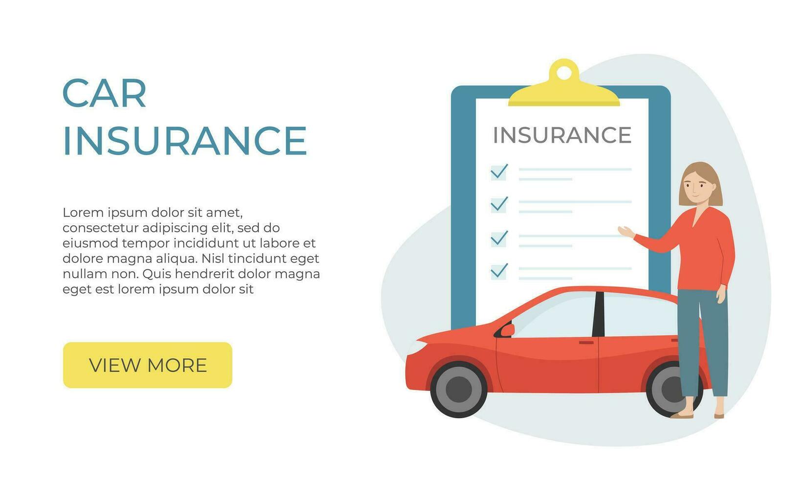 auto assicurazione atterraggio pagina. assicurazione documento, auto e donna. piatto cartone animato stile vettore